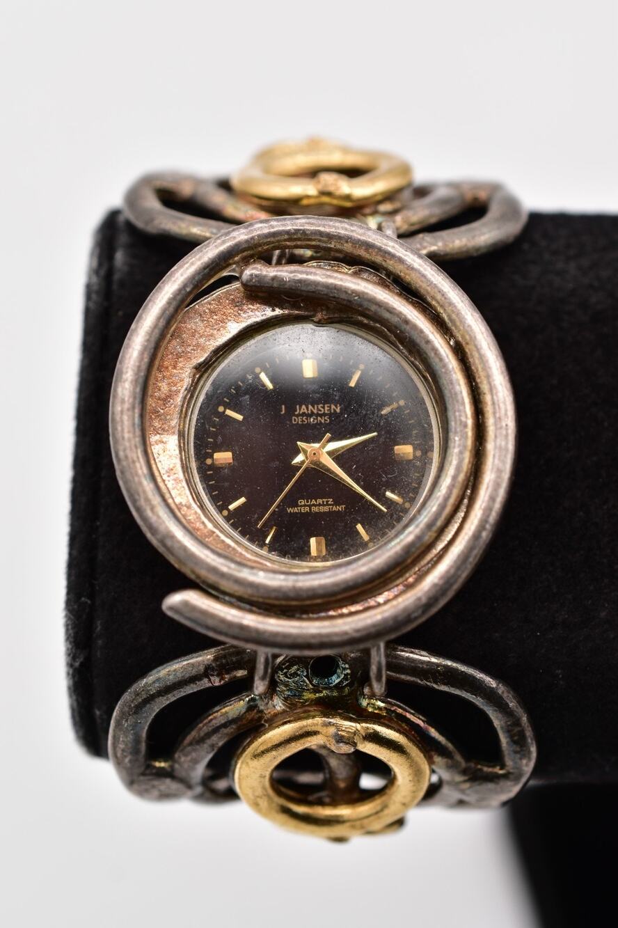 J Jansen Designs Vintage Mixed Metal Statement Watch XS Bracelet Brutalist Bin2
